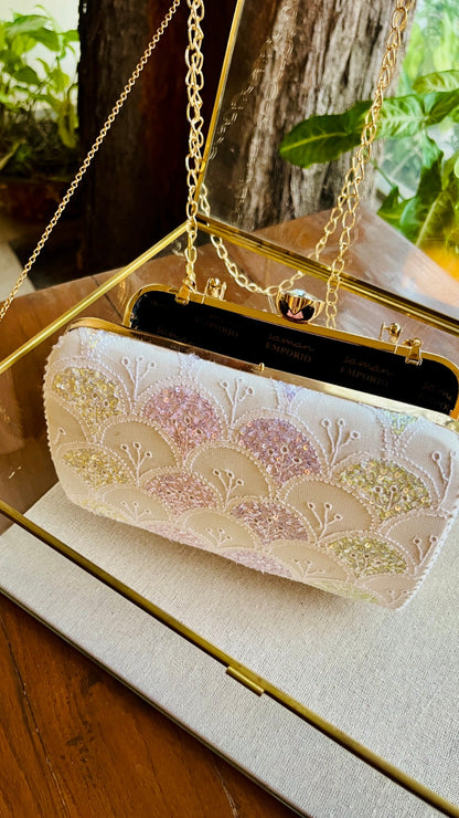 White Multi Georgette Sequins Chikankari Handle Sling Clutch