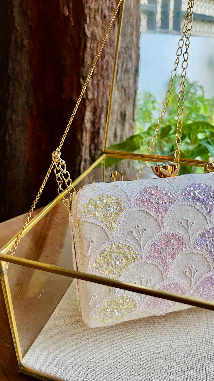 White Multi Georgette Sequins Chikankari Handle Sling Clutch