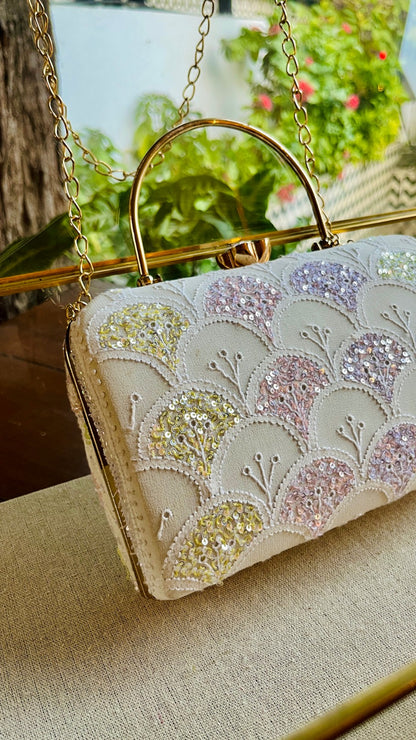 White Multi Georgette Sequins Chikankari Handle Sling Clutch