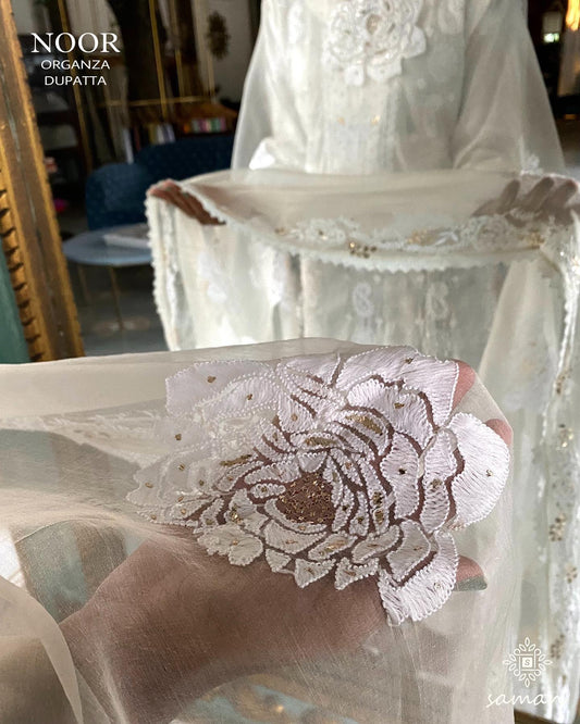 White Noor Organza Rose Motif Chikankari Dupatta