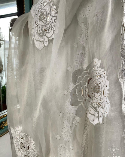 White Noor Organza Rose Motif Chikankari Dupatta