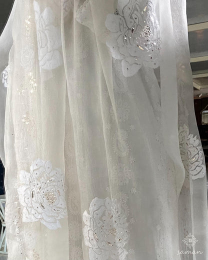 White Noor Organza Rose Motif Chikankari Dupatta