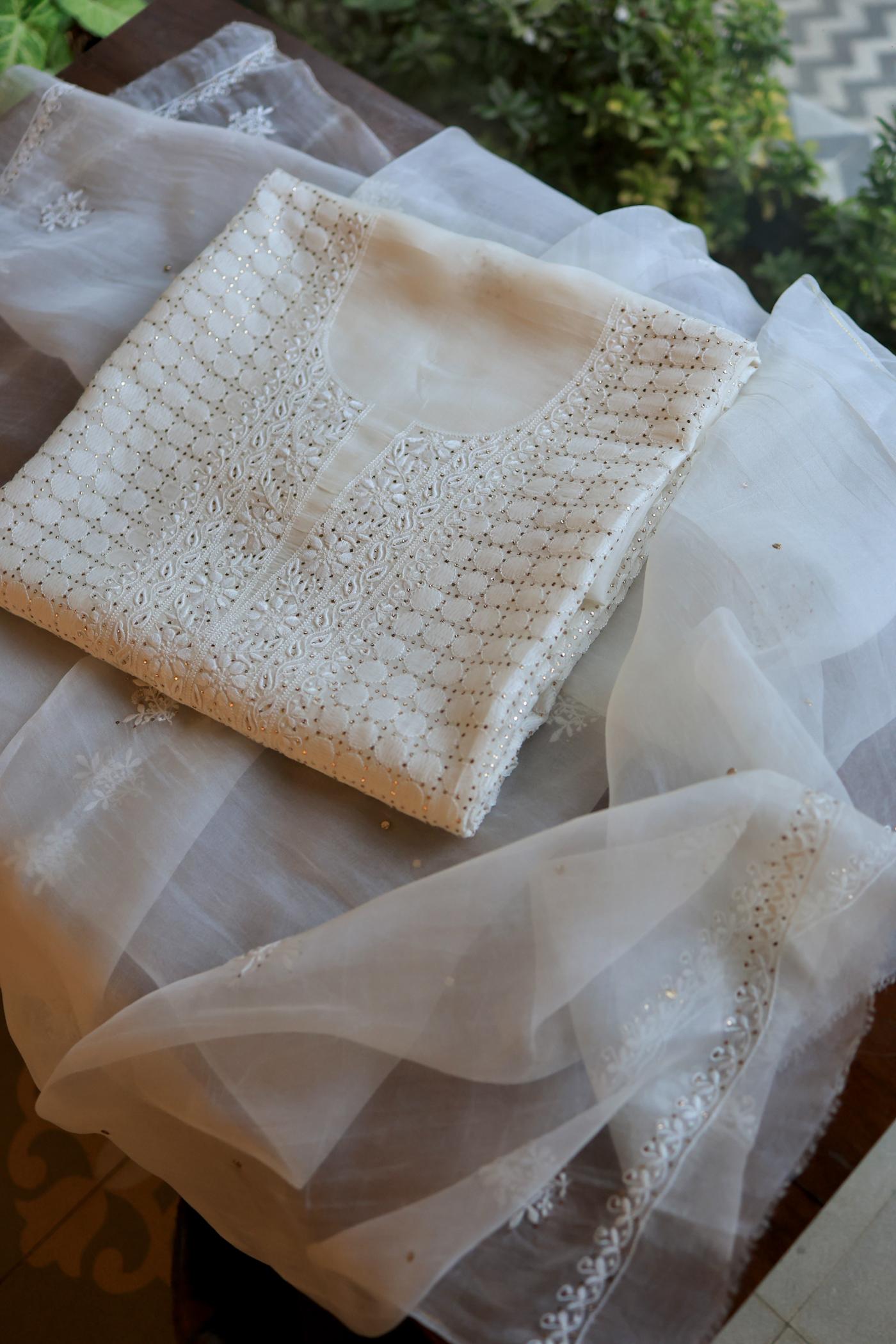 White Noor Organza Silk Chikankari With Mukaish Kamdani Fabric