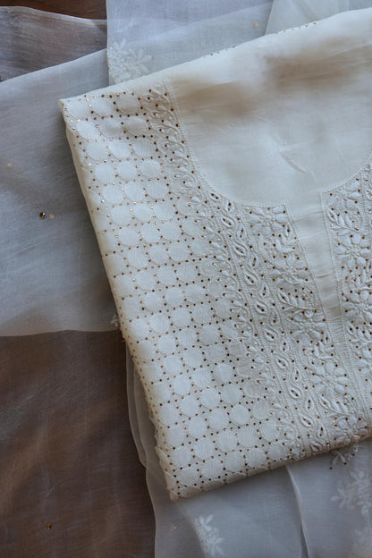 White Noor Organza Silk Chikankari With Mukaish Kamdani Fabric