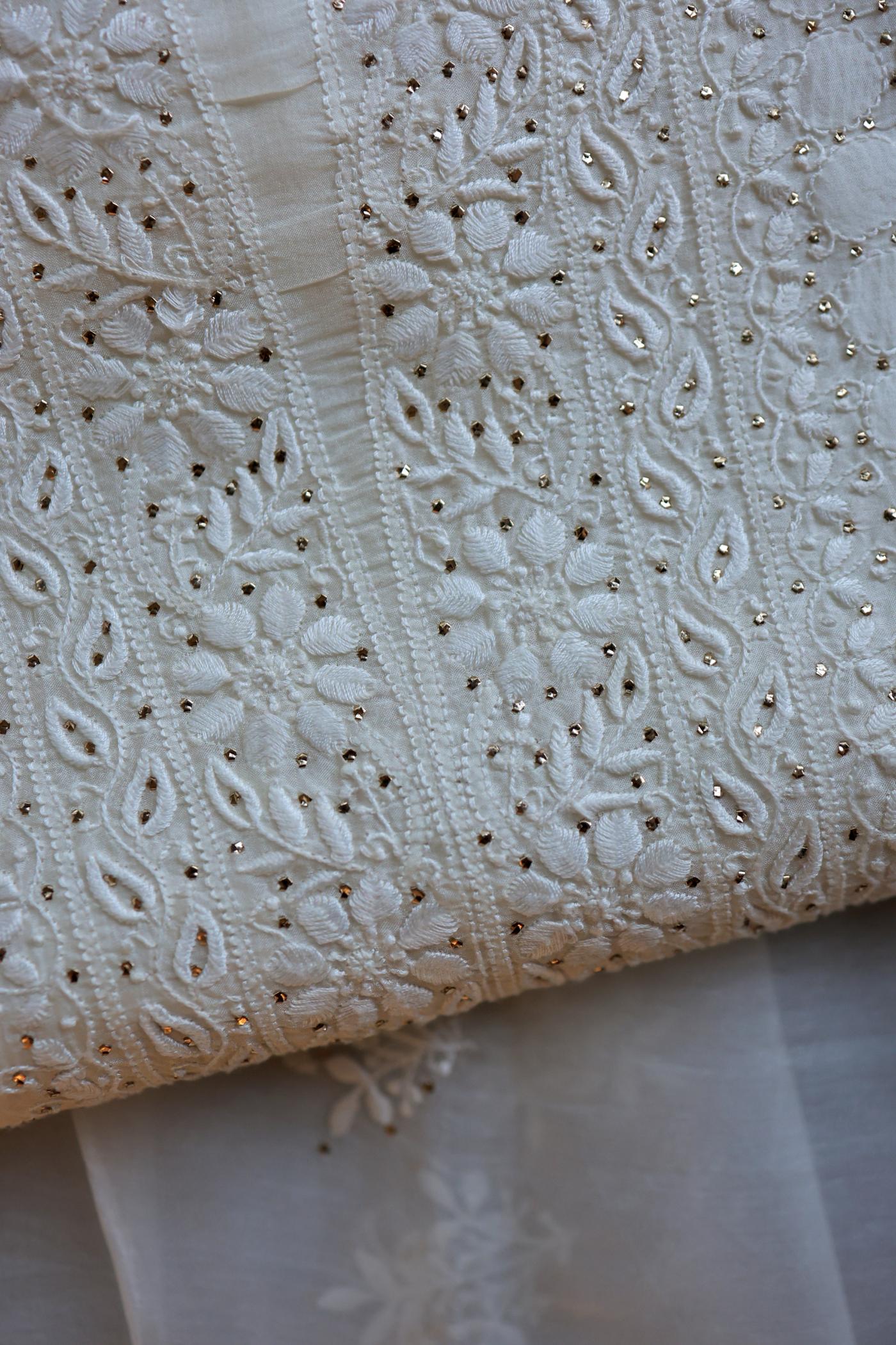 White Noor Organza Silk Chikankari With Mukaish Kamdani Fabric