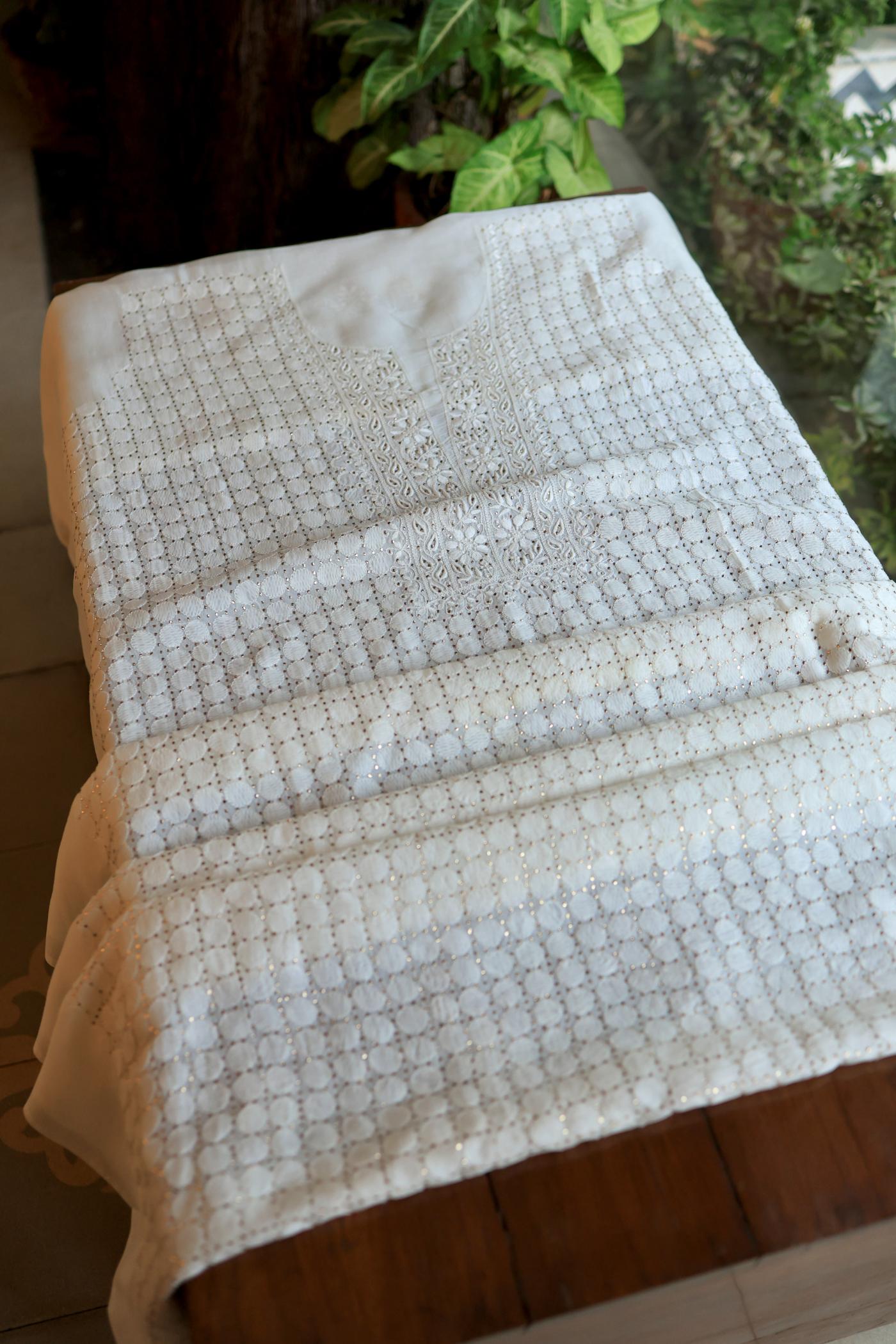 White Noor Organza Silk Chikankari With Mukaish Kamdani Fabric