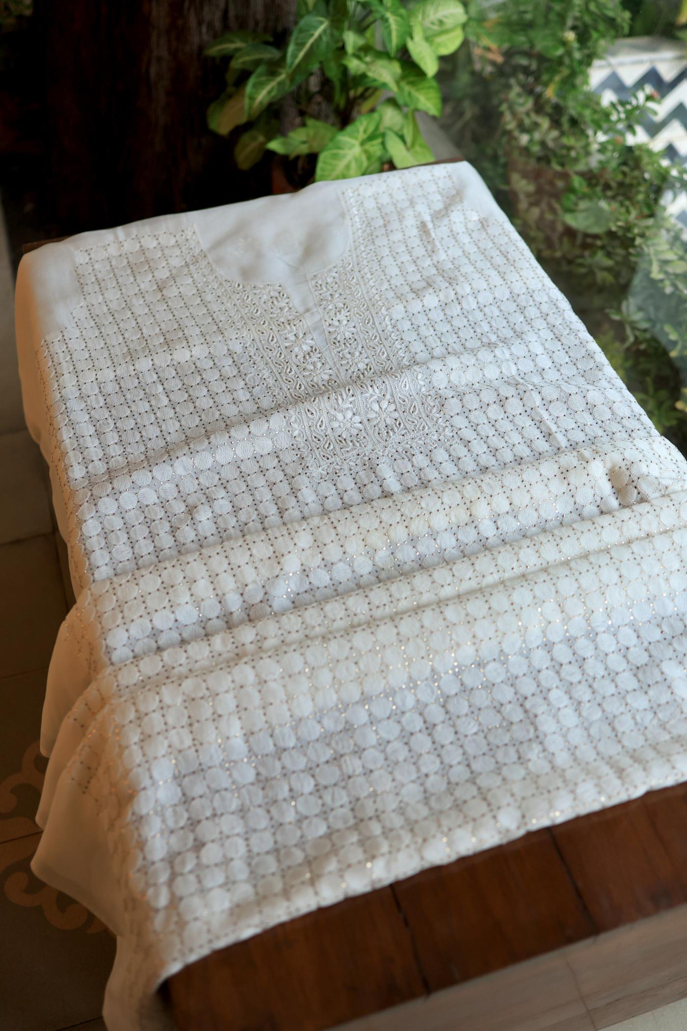 White Noor Organza Silk Chikankari With Mukaish Kamdani Fabric