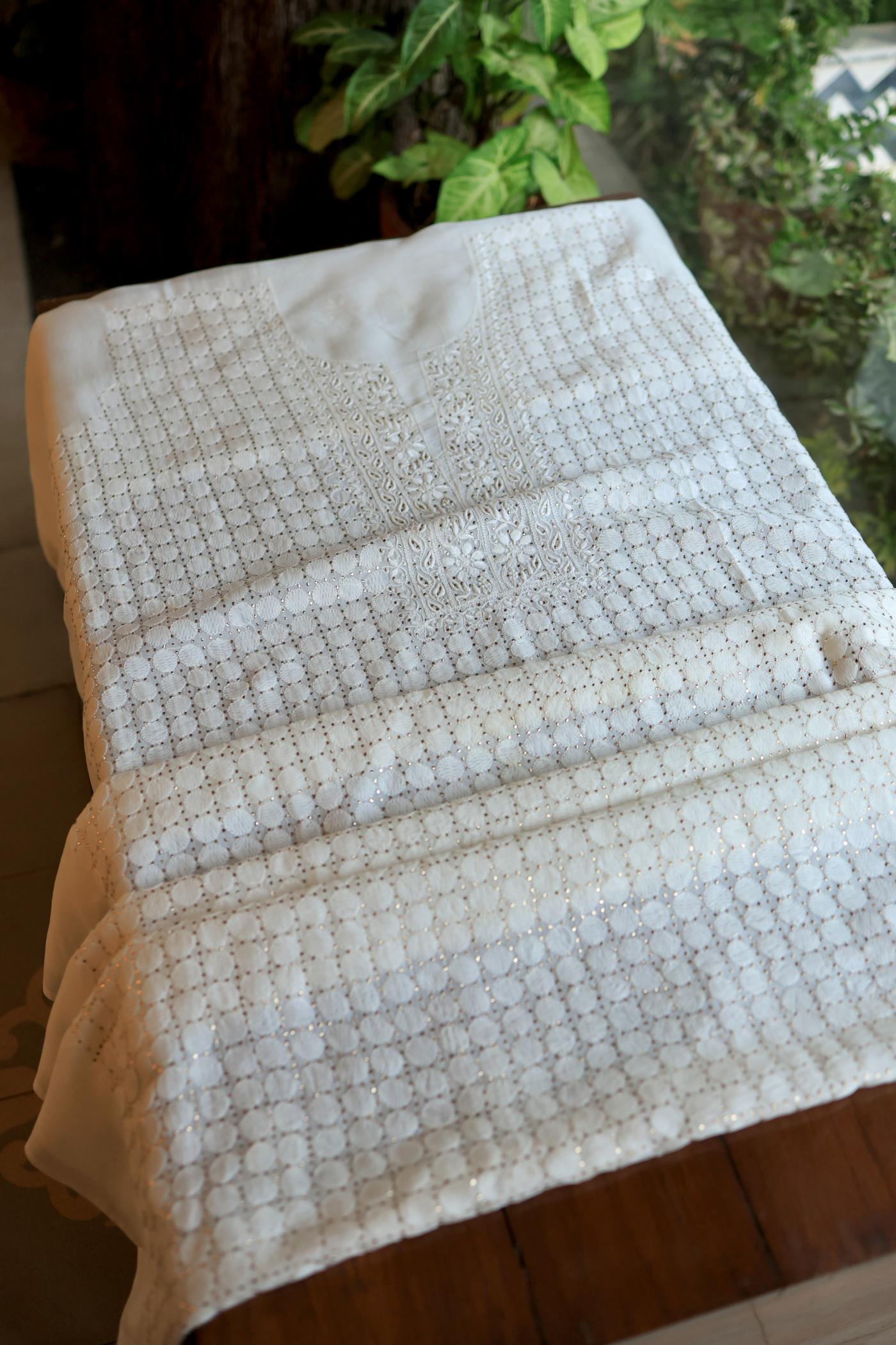 White Noor Organza Silk Chikankari With Mukaish Kamdani Fabric