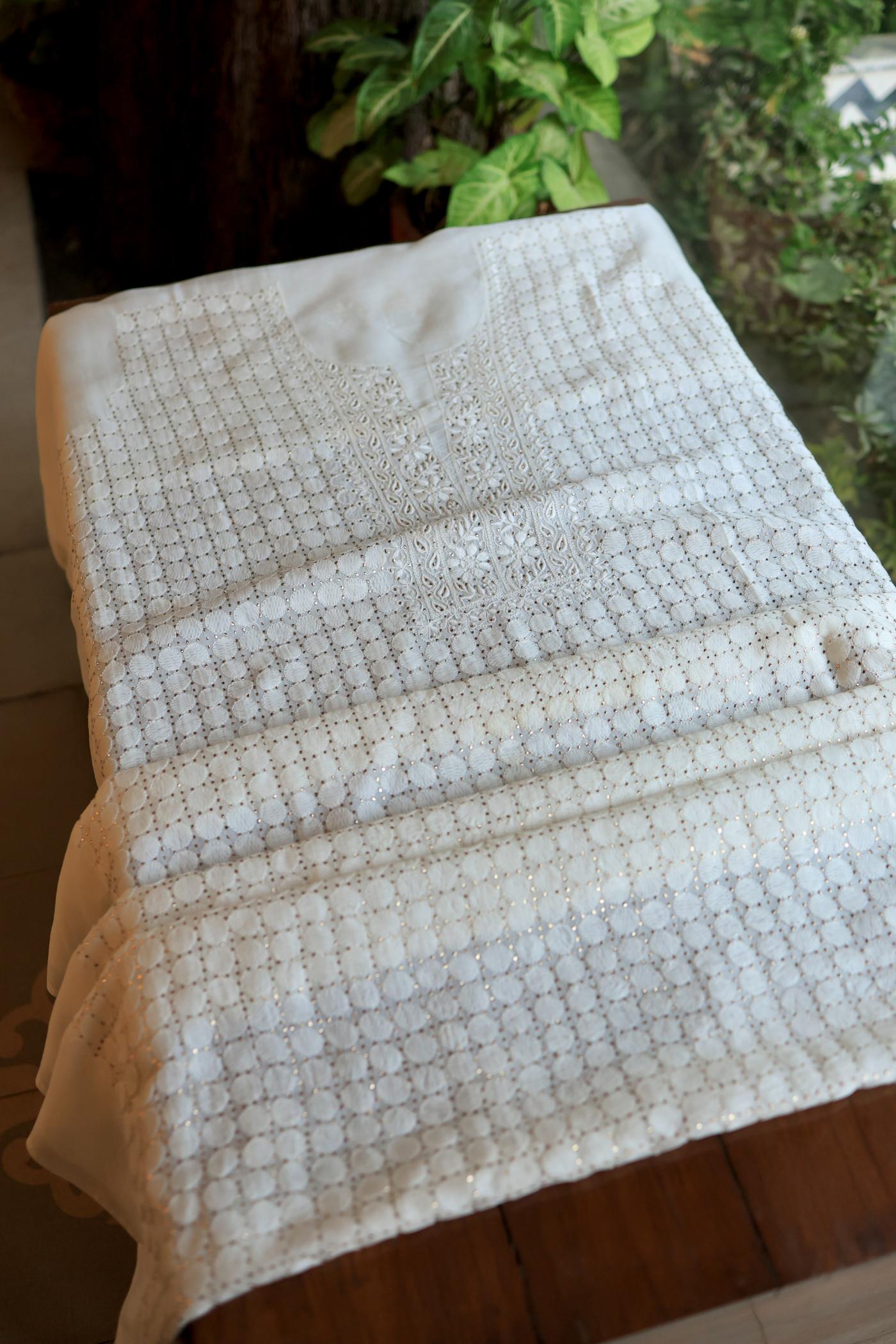 White Noor Organza Silk Chikankari With Mukaish Kamdani Fabric