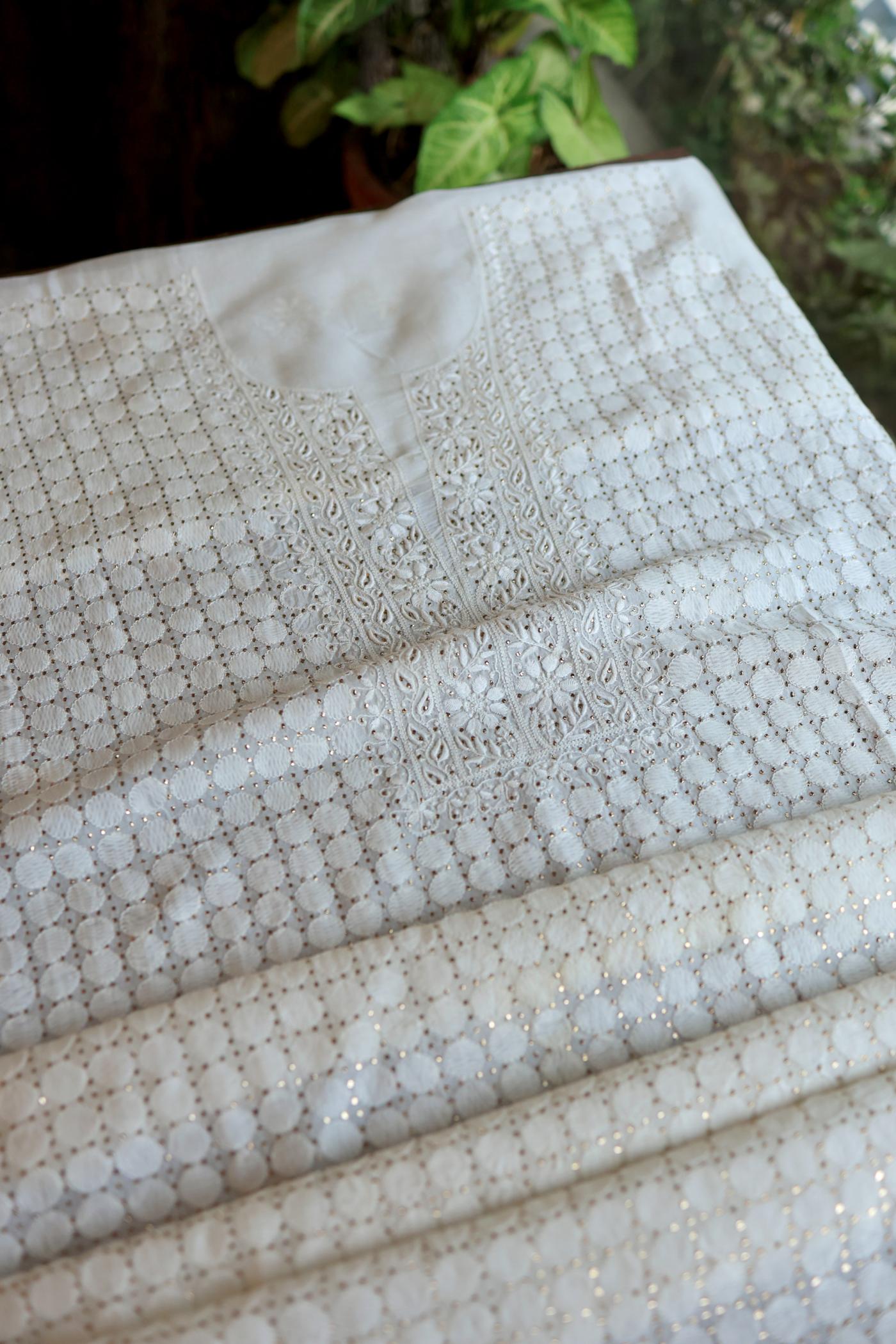 White Noor Organza Silk Chikankari With Mukaish Kamdani Fabric