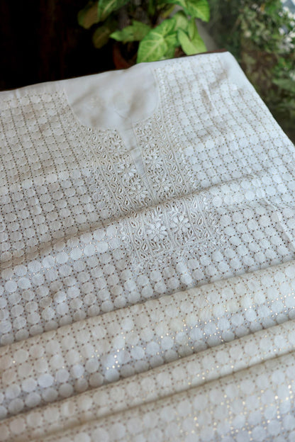 White Noor Organza Silk Chikankari With Mukaish Kamdani Fabric