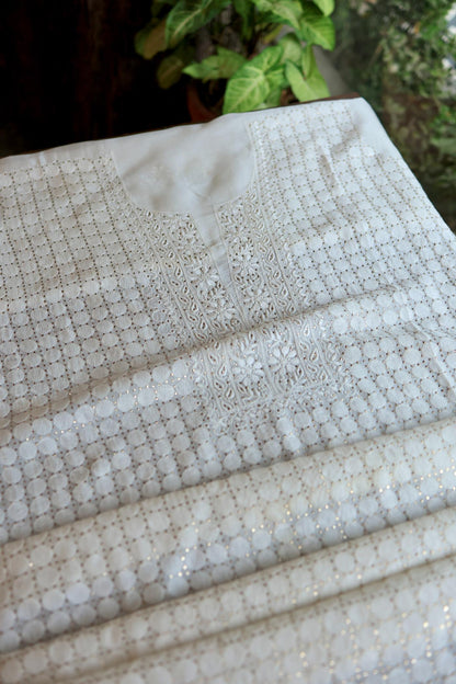 White Noor Organza Silk Chikankari With Mukaish Kamdani Fabric