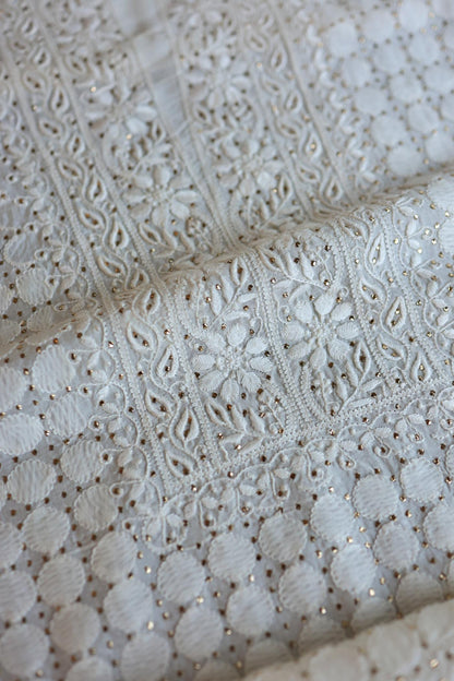 White Noor Organza Silk Chikankari With Mukaish Kamdani Fabric