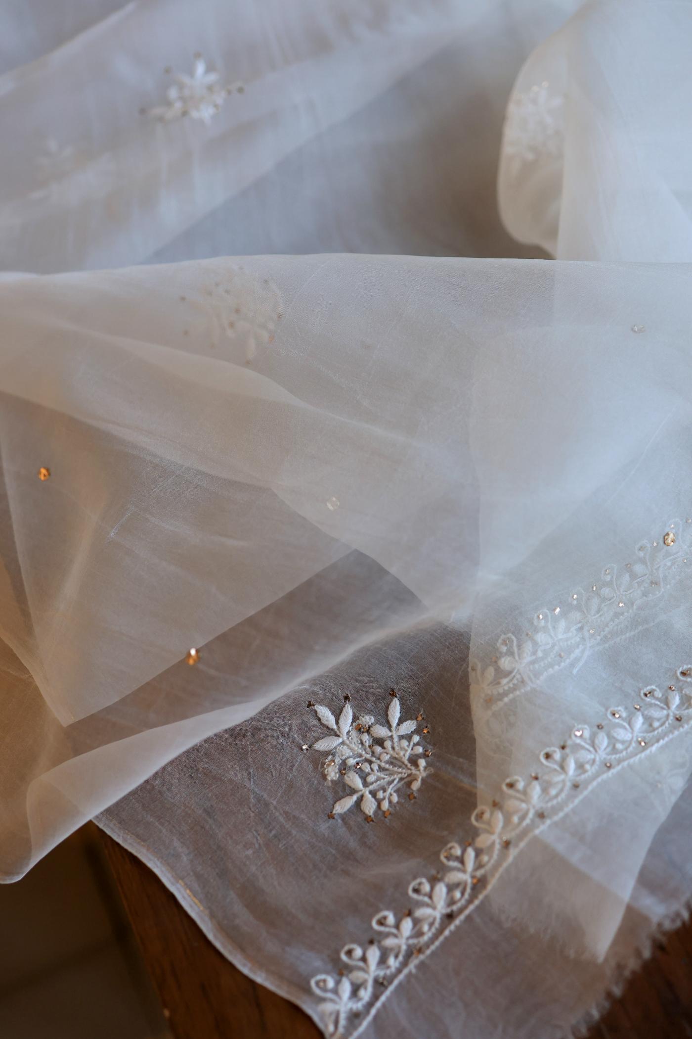 White Noor Organza Silk Chikankari With Mukaish Kamdani Fabric