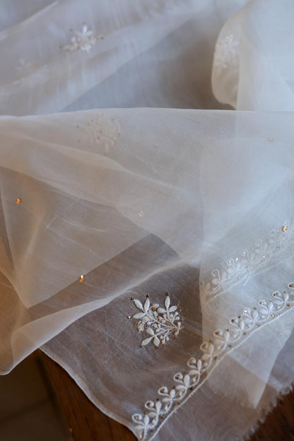 White Noor Organza Silk Chikankari With Mukaish Kamdani Fabric