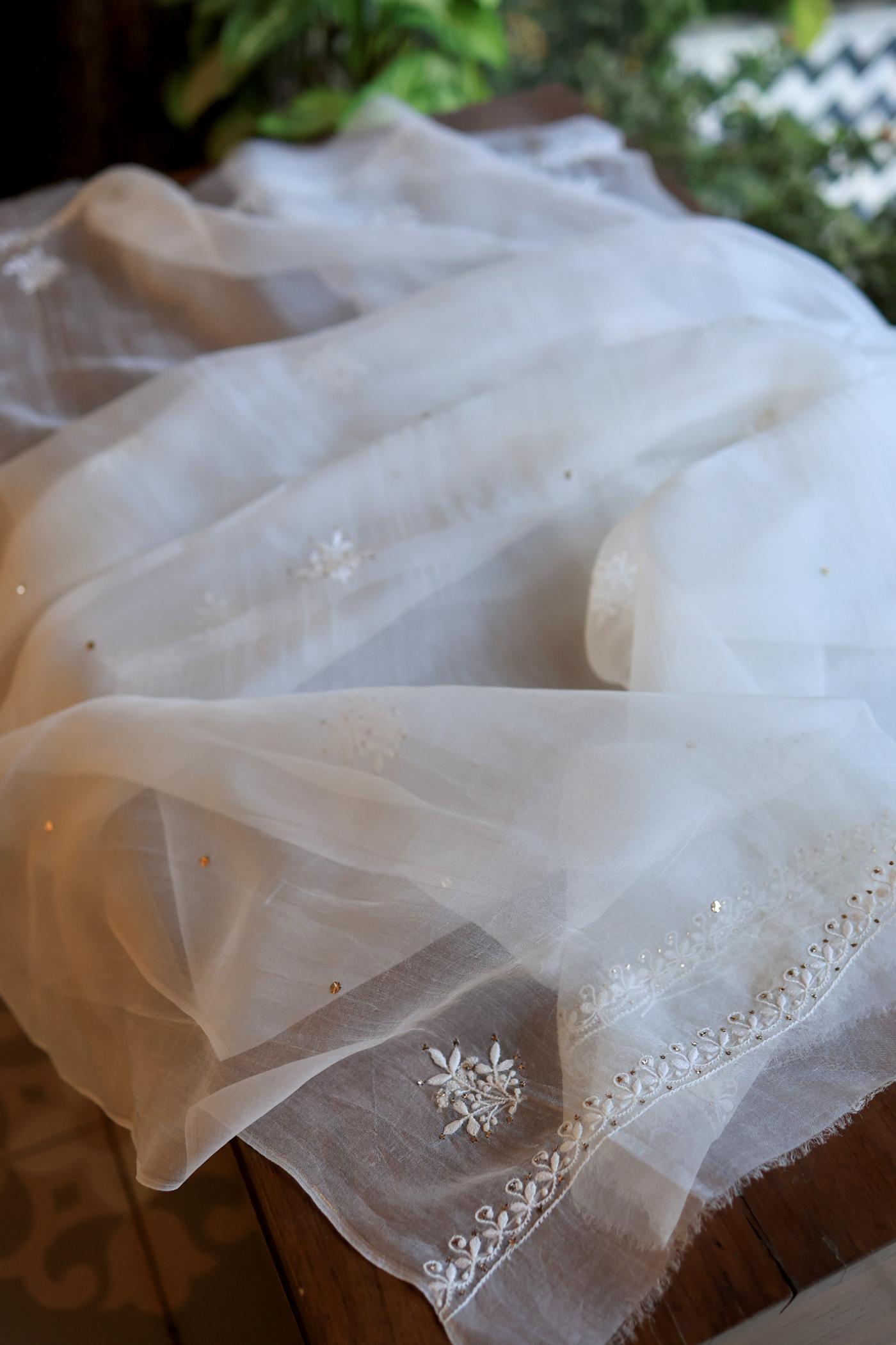 White Noor Organza Silk Chikankari With Mukaish Kamdani Fabric