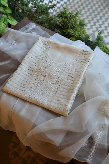 White Noor Organza Silk Chikankari With Mukaish Kamdani Fabric