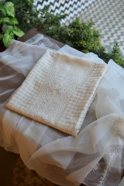 White Noor Organza Silk Chikankari With Mukaish Kamdani Fabric