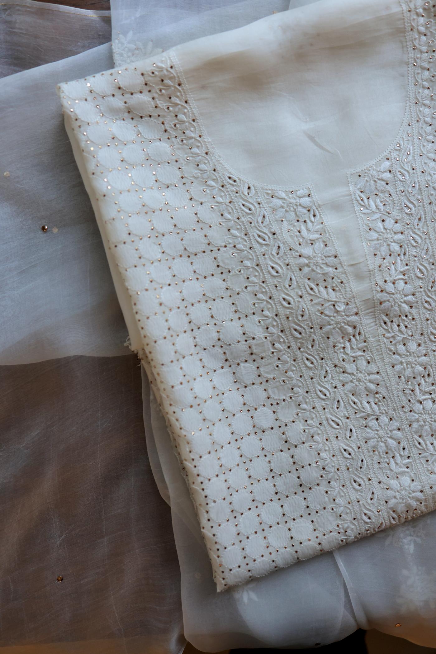 White Noor Organza Silk Chikankari With Mukaish Kamdani Fabric