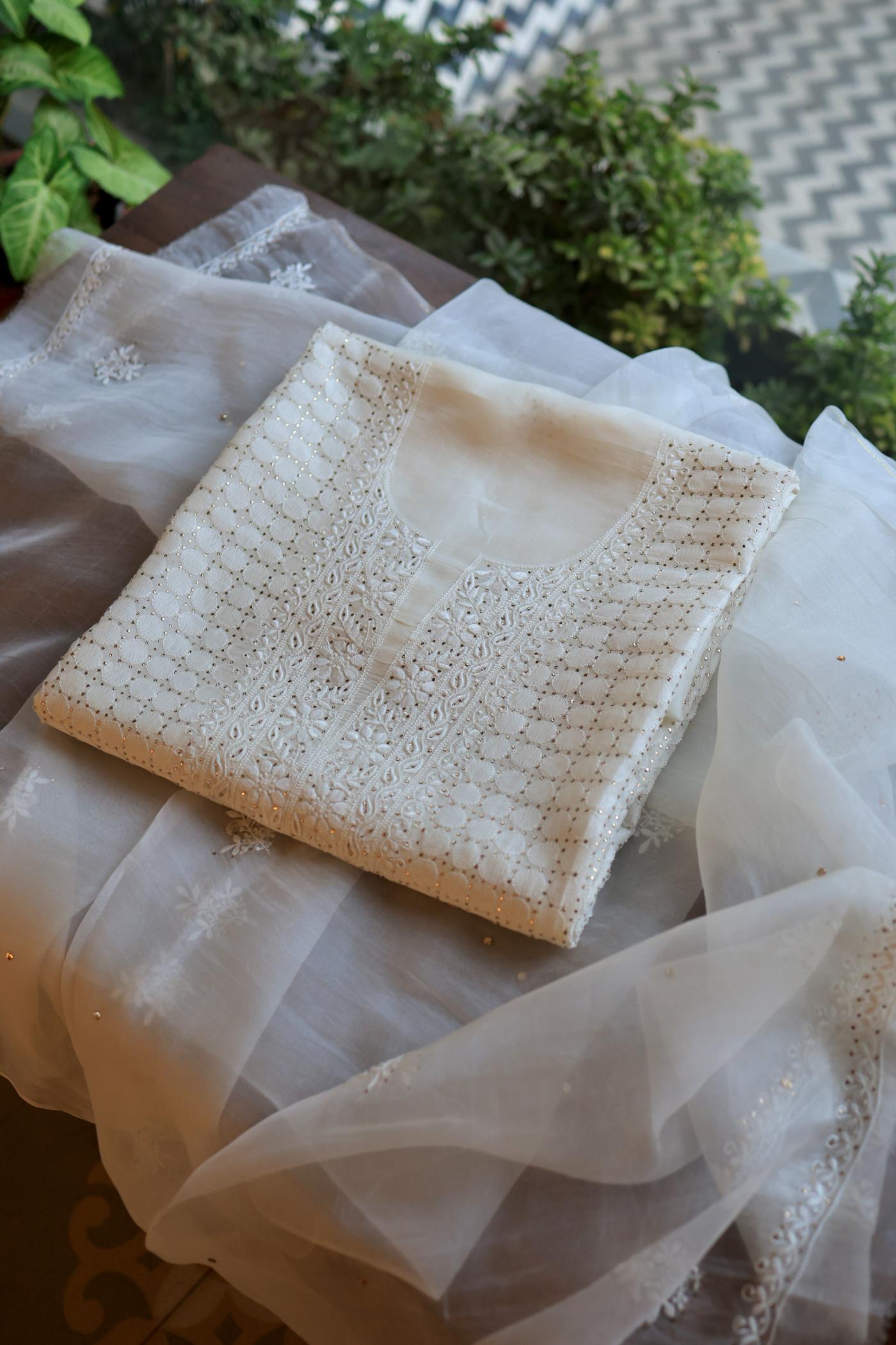 White Noor Organza Silk Chikankari With Mukaish Kamdani Fabric