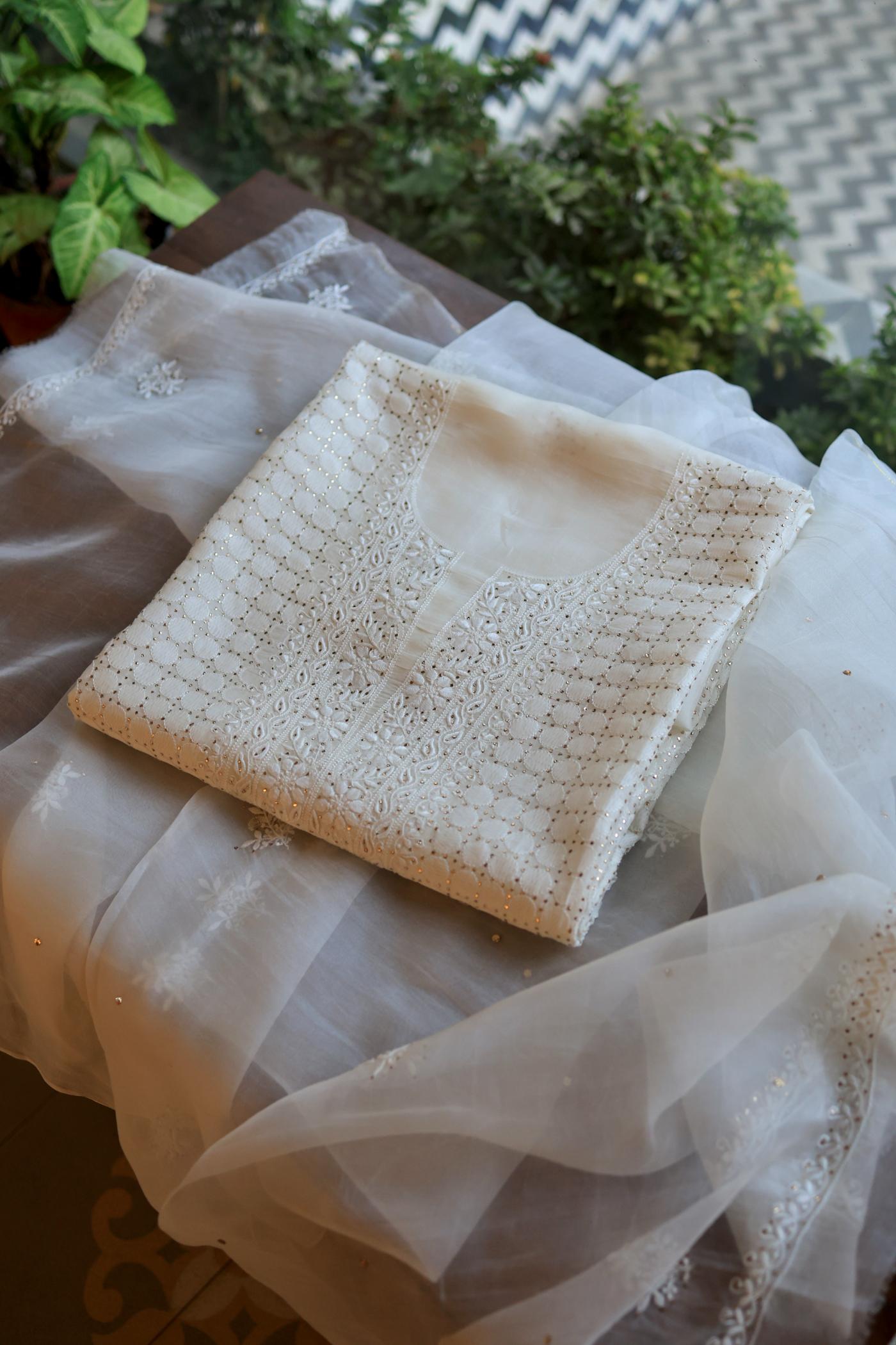 White Noor Organza Silk Chikankari With Mukaish Kamdani Fabric