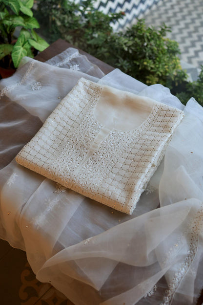 White Noor Organza Silk Chikankari With Mukaish Kamdani Fabric