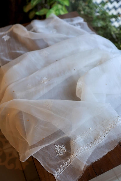 White Noor Organza Silk Chikankari With Mukaish Kamdani Fabric