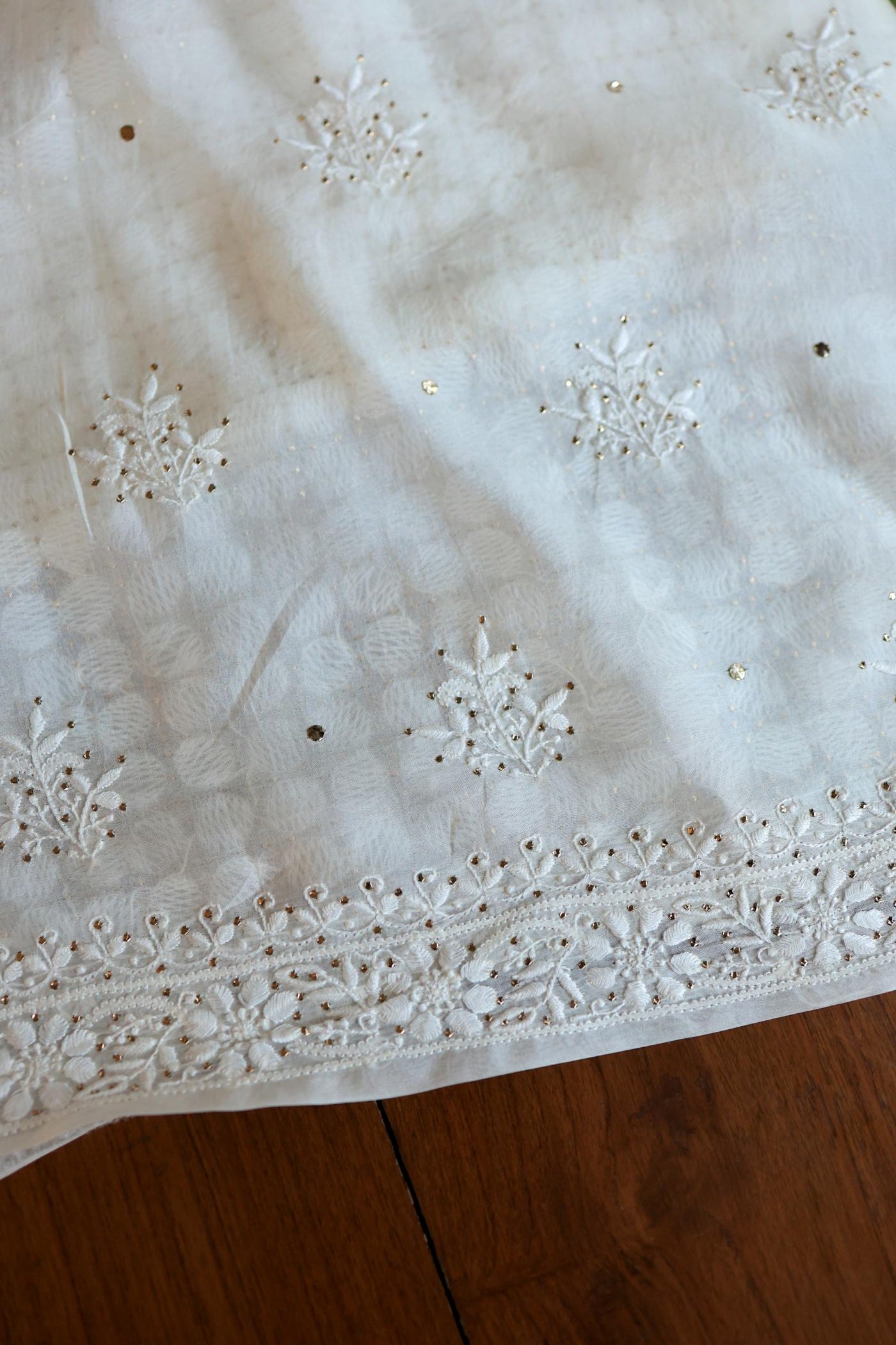 White Noor Organza Silk Chikankari With Mukaish Kamdani Fabric