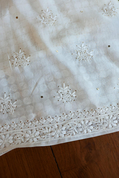 White Noor Organza Silk Chikankari With Mukaish Kamdani Fabric