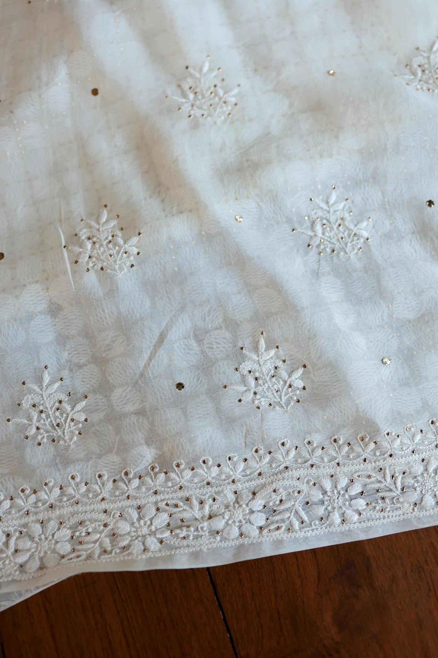 White Noor Organza Silk Chikankari With Mukaish Kamdani Fabric