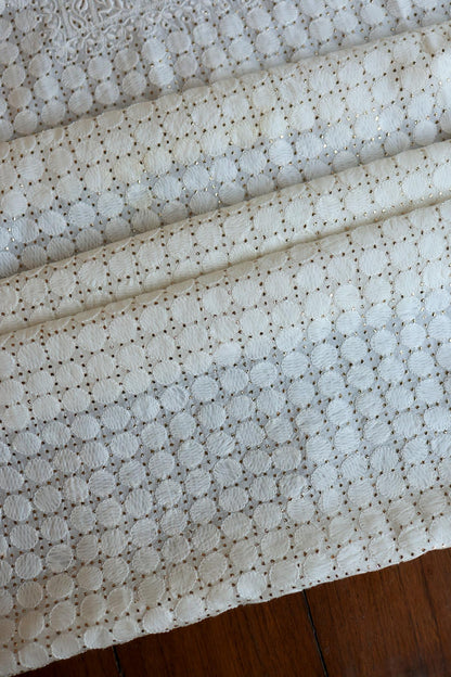 White Noor Organza Silk Chikankari With Mukaish Kamdani Fabric