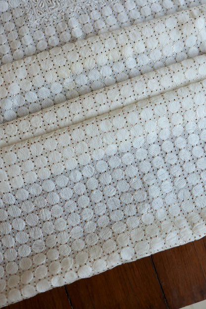White Noor Organza Silk Chikankari With Mukaish Kamdani Fabric