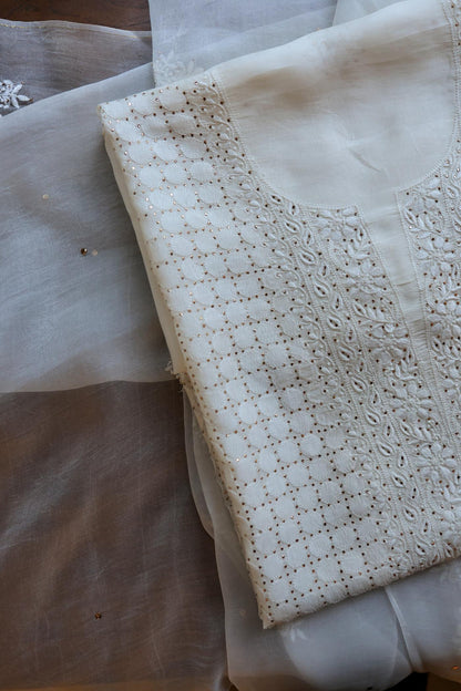 White Noor Organza Silk Chikankari With Mukaish Kamdani Fabric