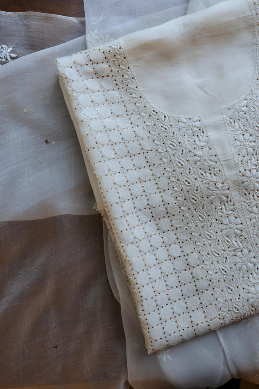 White Noor Organza Silk Chikankari With Mukaish Kamdani Fabric