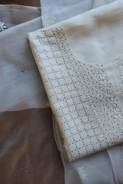 White Noor Organza Silk Chikankari With Mukaish Kamdani Fabric