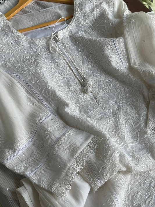 White Shade Malmal Pearl Work Chikankari Kurta With Dupatta