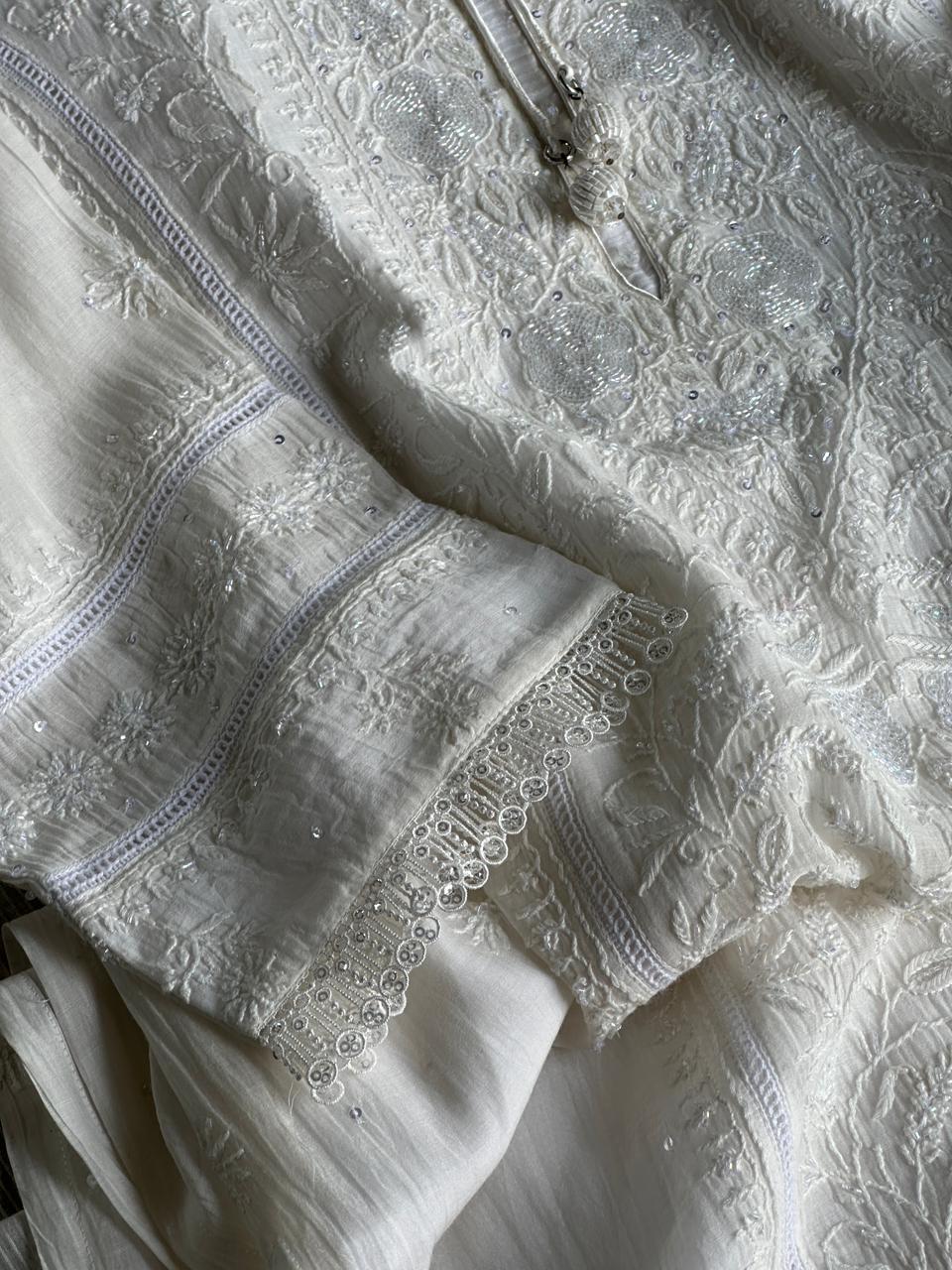 White Shade Malmal Pearl Work Chikankari Kurta With Dupatta