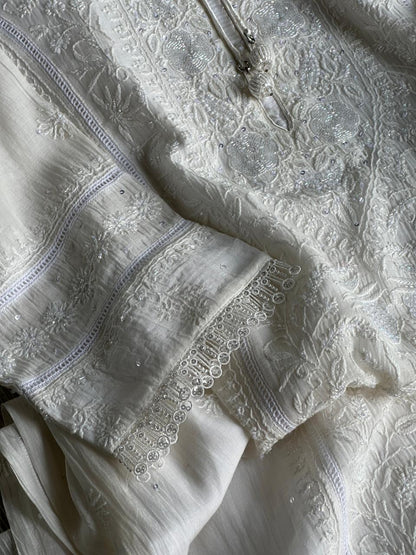 White Shade Malmal Pearl Work Chikankari Kurta With Dupatta