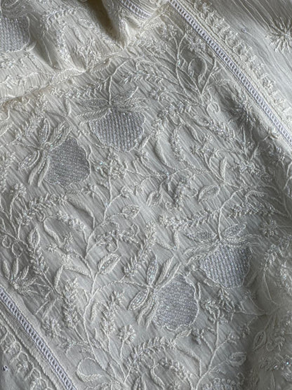 White Shade Malmal Pearl Work Chikankari Kurta With Dupatta