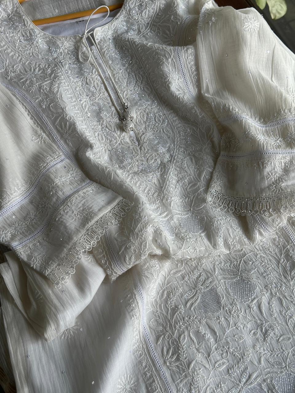 White Shade Malmal Pearl Work Chikankari Kurta With Dupatta