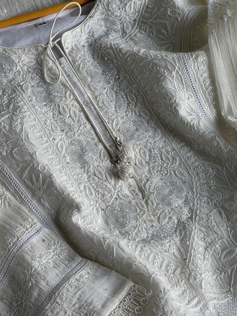 White Shade Malmal Pearl Work Chikankari Kurta With Dupatta