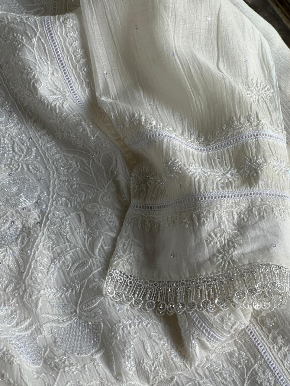 White Shade Malmal Pearl Work Chikankari Kurta With Dupatta