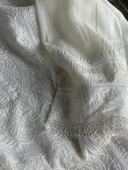 White Shade Malmal Pearl Work Chikankari Kurta With Dupatta