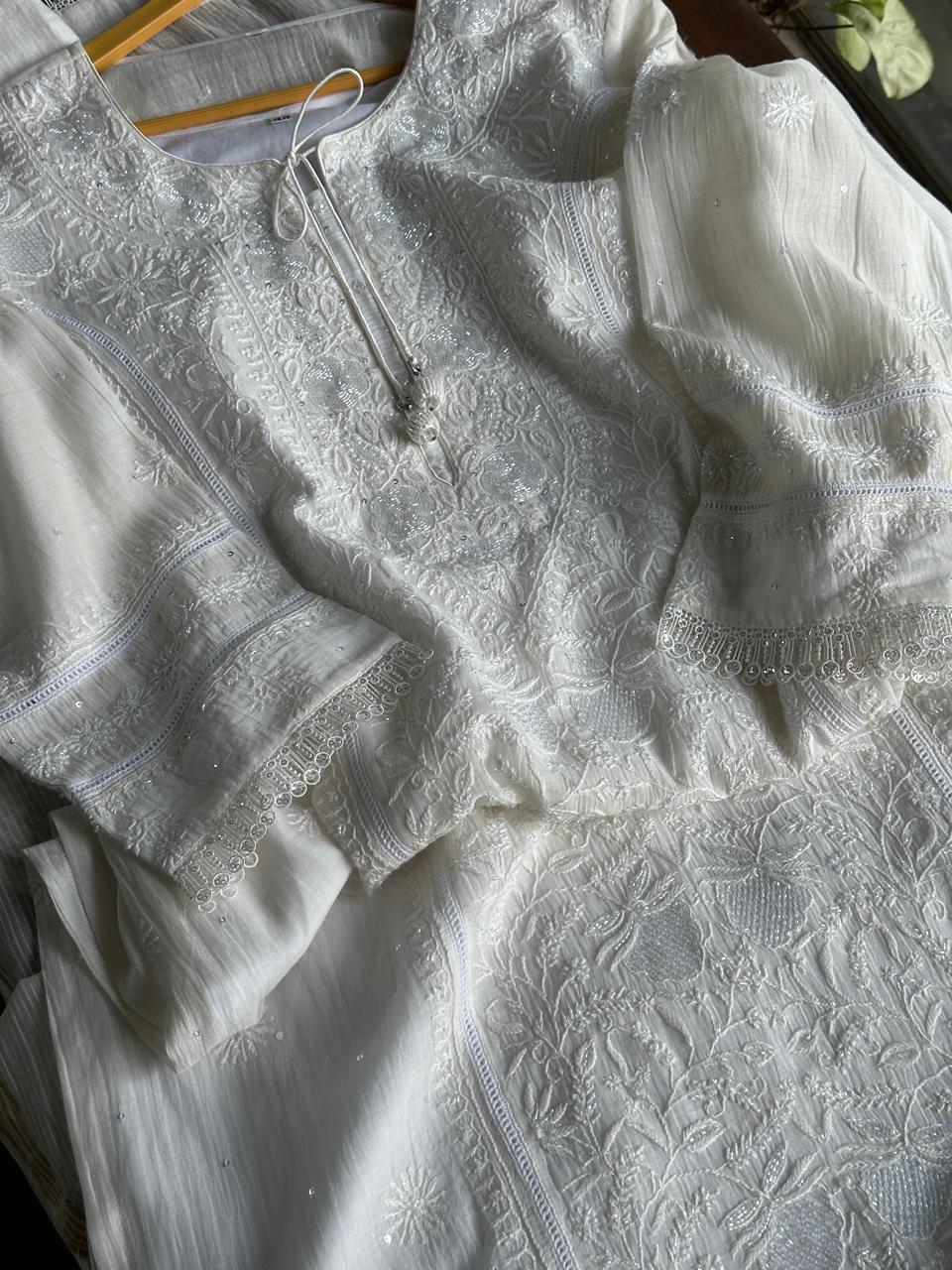 White Shade Malmal Pearl Work Chikankari Kurta With Dupatta