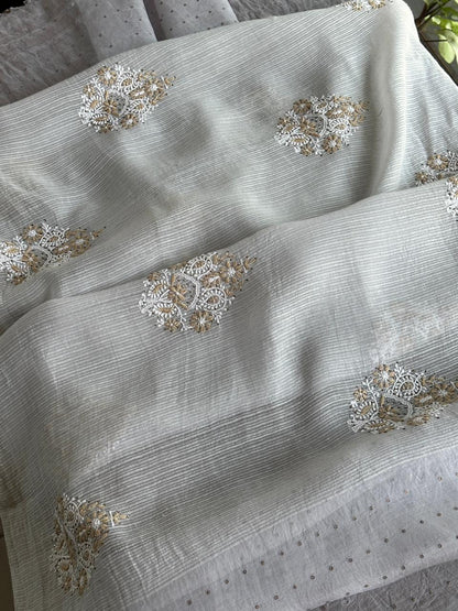 White Shade Malmal Pearl Work Chikankari Kurta With Dupatta