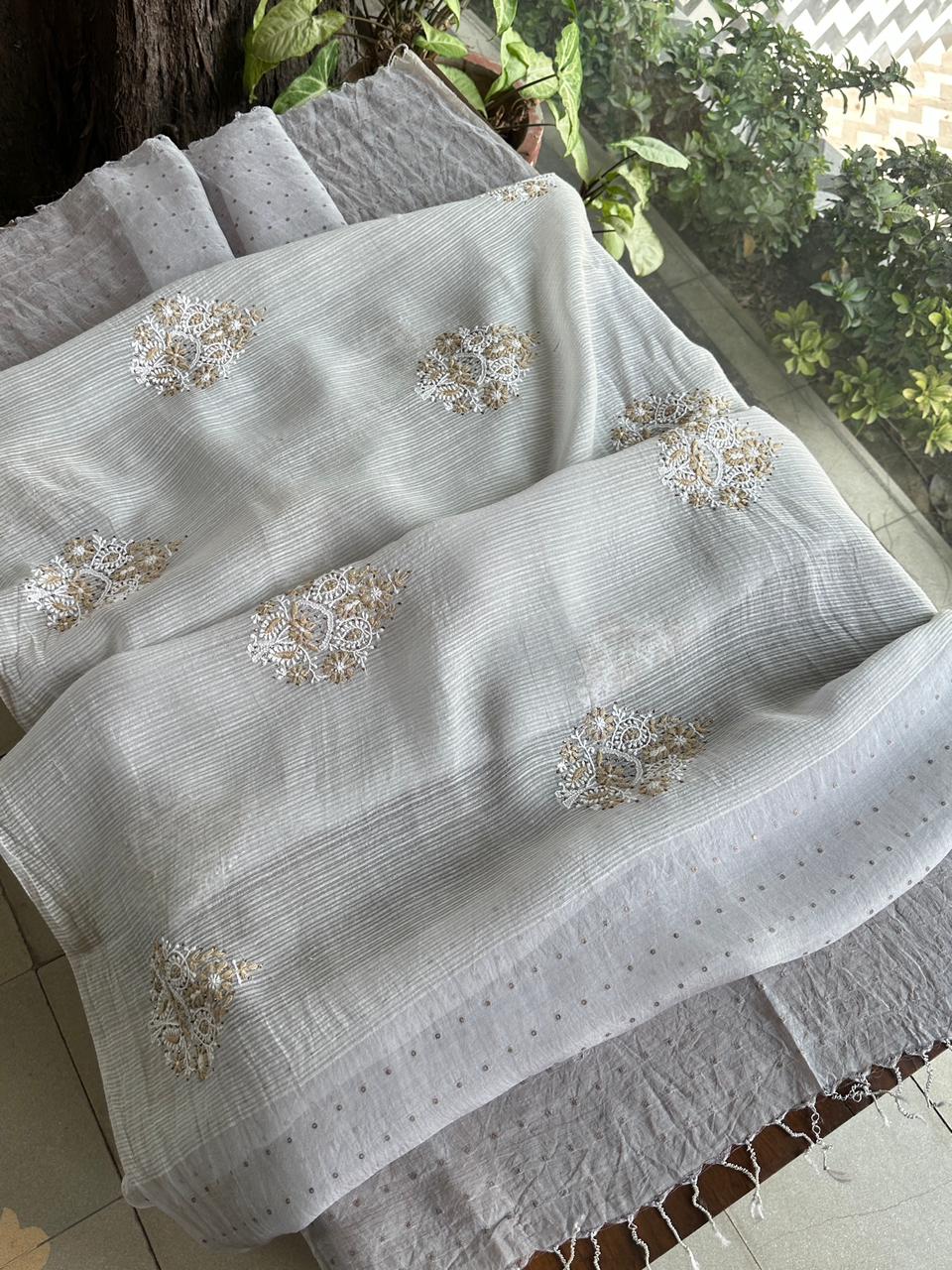 White Shade Malmal Pearl Work Chikankari Kurta With Dupatta