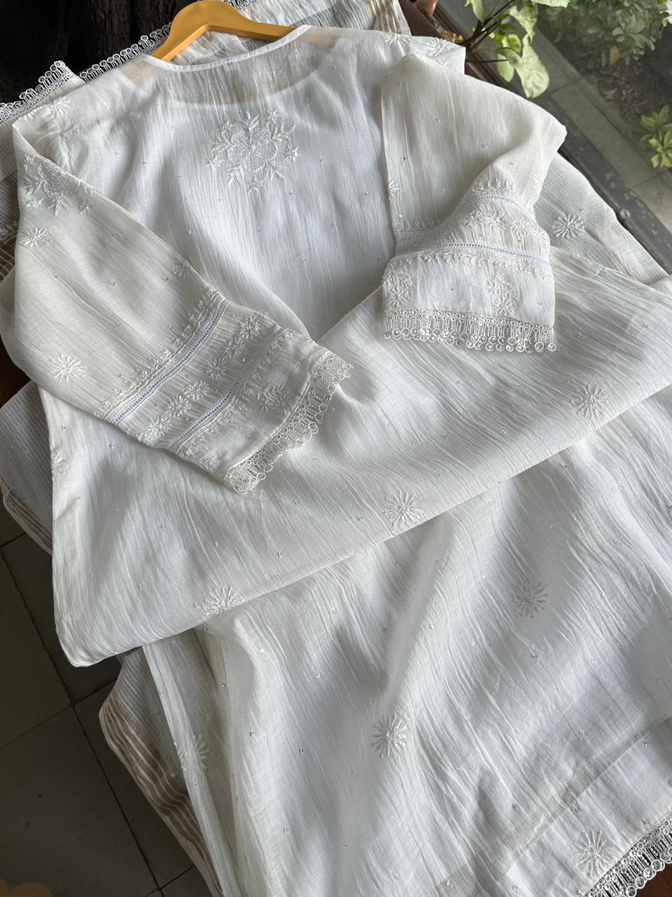 White Shade Malmal Pearl Work Chikankari Kurta With Dupatta