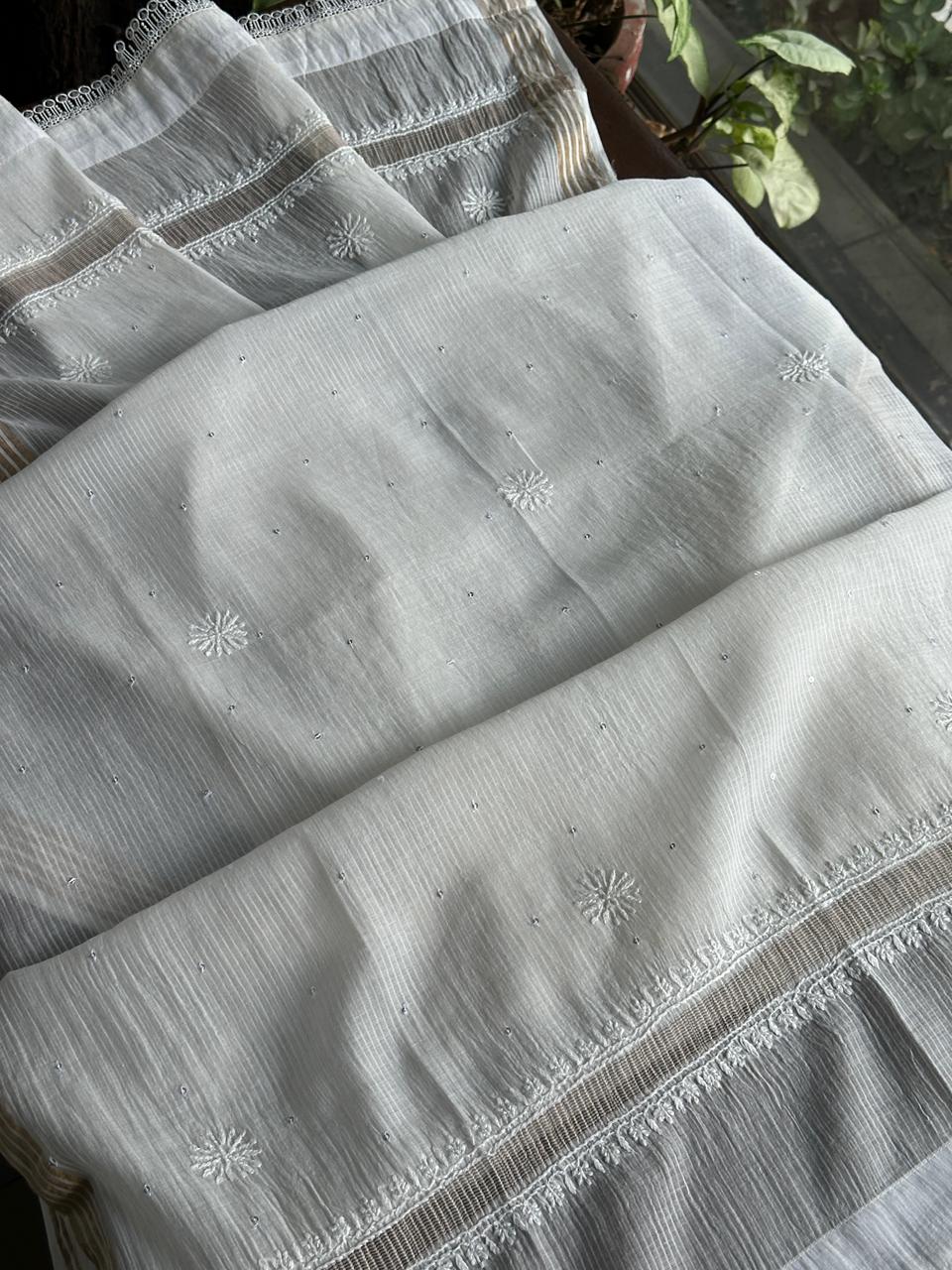 White Shade Malmal Pearl Work Chikankari Kurta With Dupatta