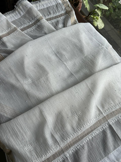 White Shade Malmal Pearl Work Chikankari Kurta With Dupatta