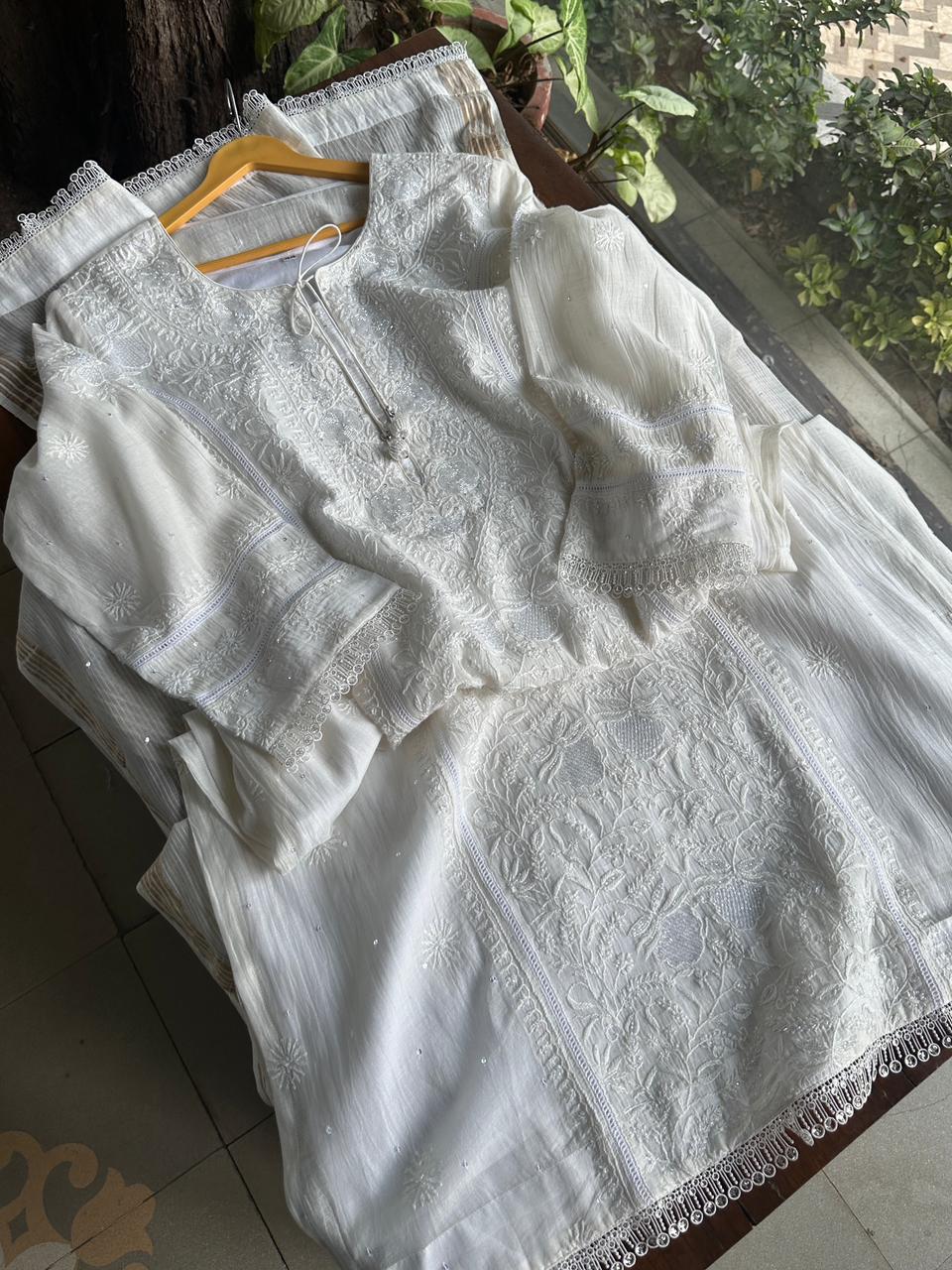 White Shade Malmal Pearl Work Chikankari Kurta With Dupatta